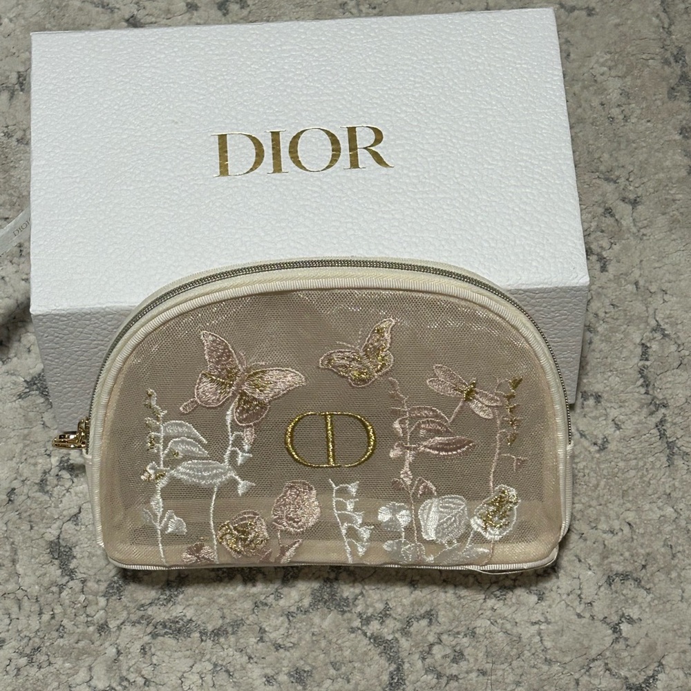 Dior Beige and Gold Embroidered Cosmetic Bag